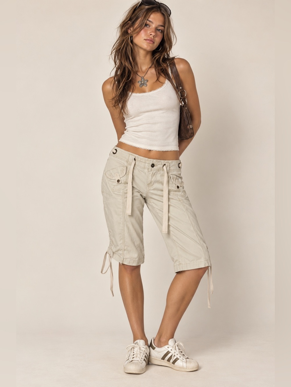 Vintage Lei Cargo Cream Capri Pants Size 13/14 Grommet Tie Ruched Cropped Khaki